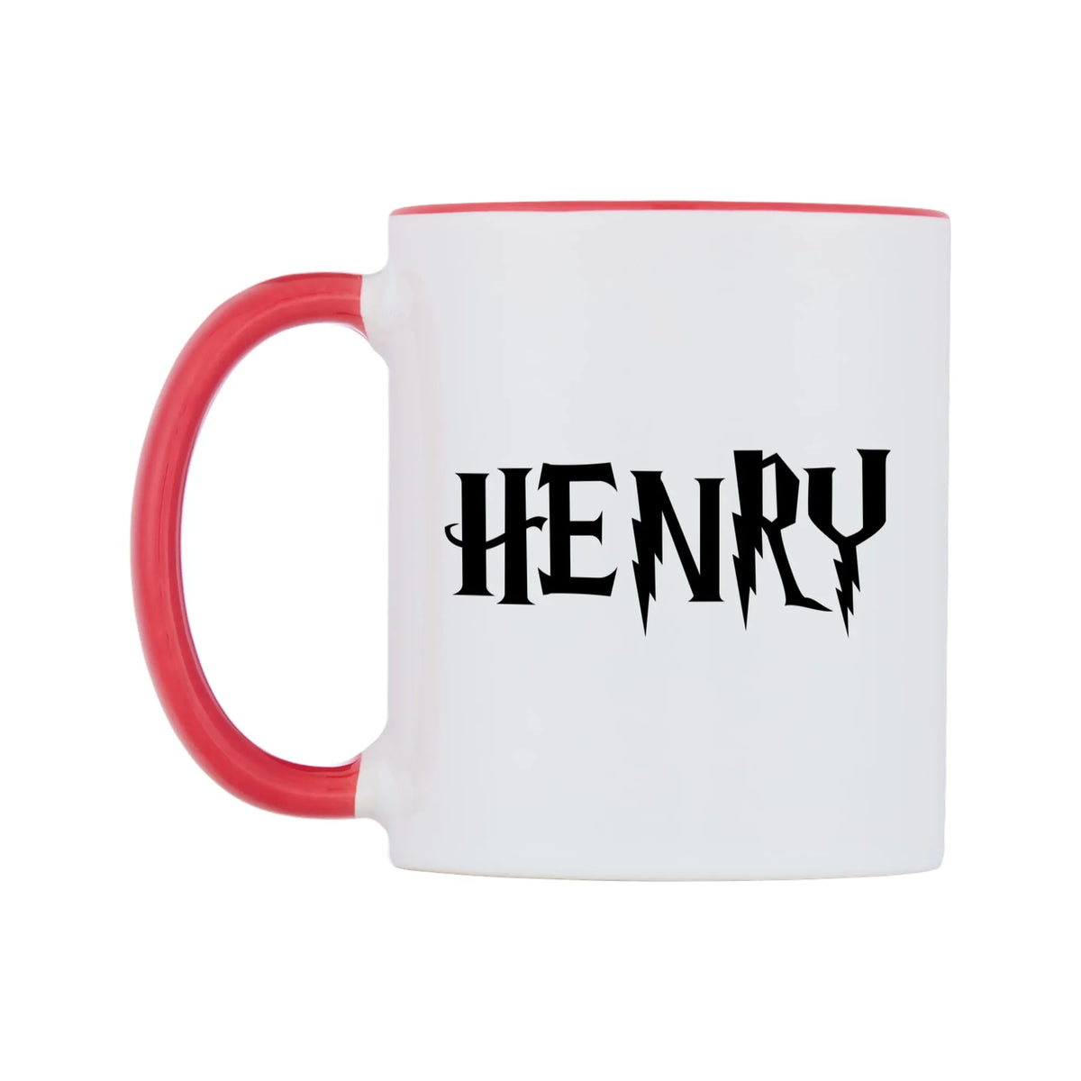 Henry - Wizard Themed Mug — white 11oz gloss mug with a red inside and handle, right side, on a white background