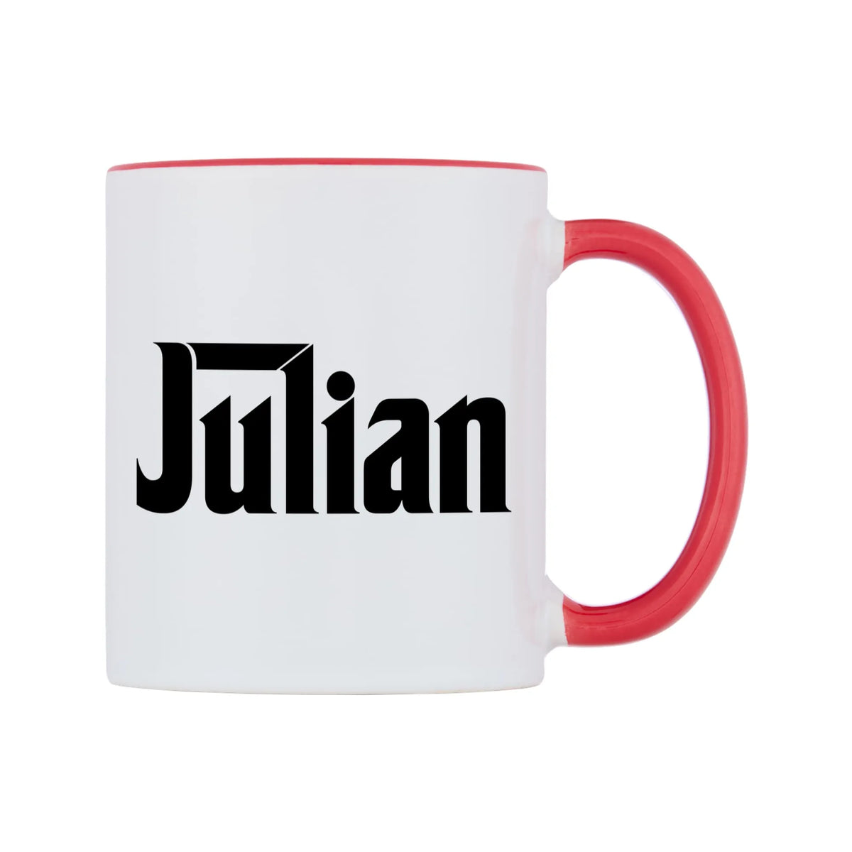 Julian - Godfather Themed Mug — white 11oz gloss mug with a red inside and handle, left side, on a white background