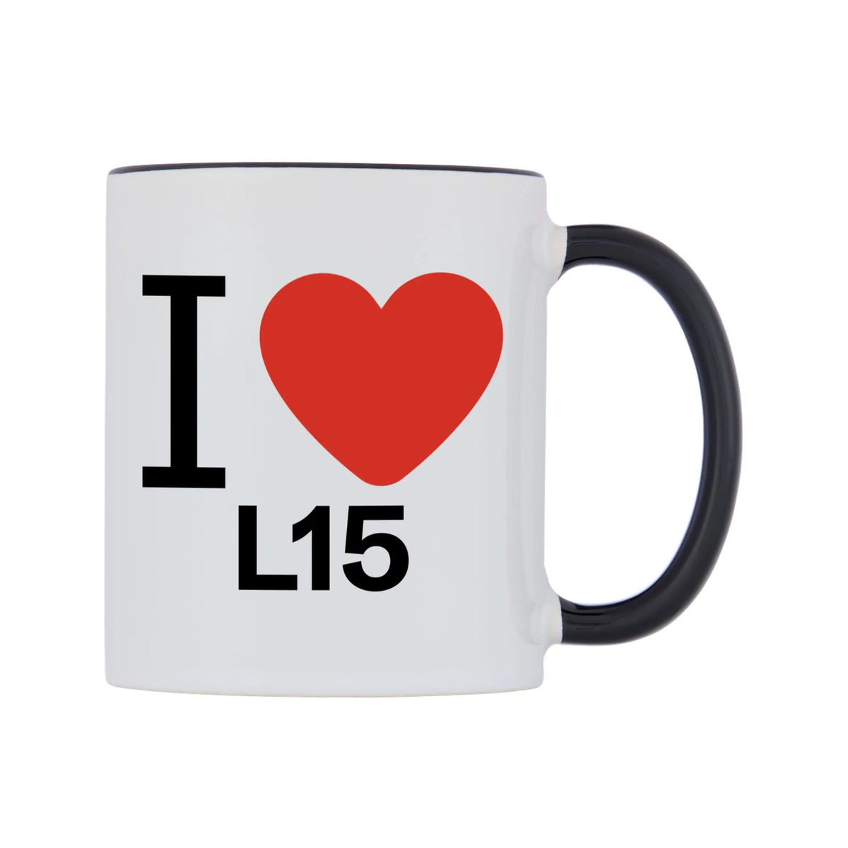 I Love L15 Mug — white 11oz gloss mug with a black inside and handle, left side, on a white background