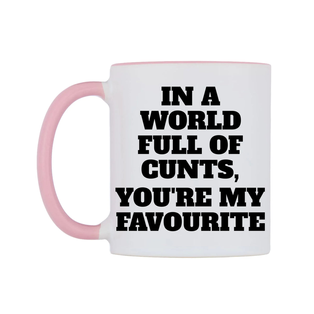 In a world full of c**ts, you're my favourite Mug — white 11oz gloss mug with a pink inside and handle, right side, on a white background