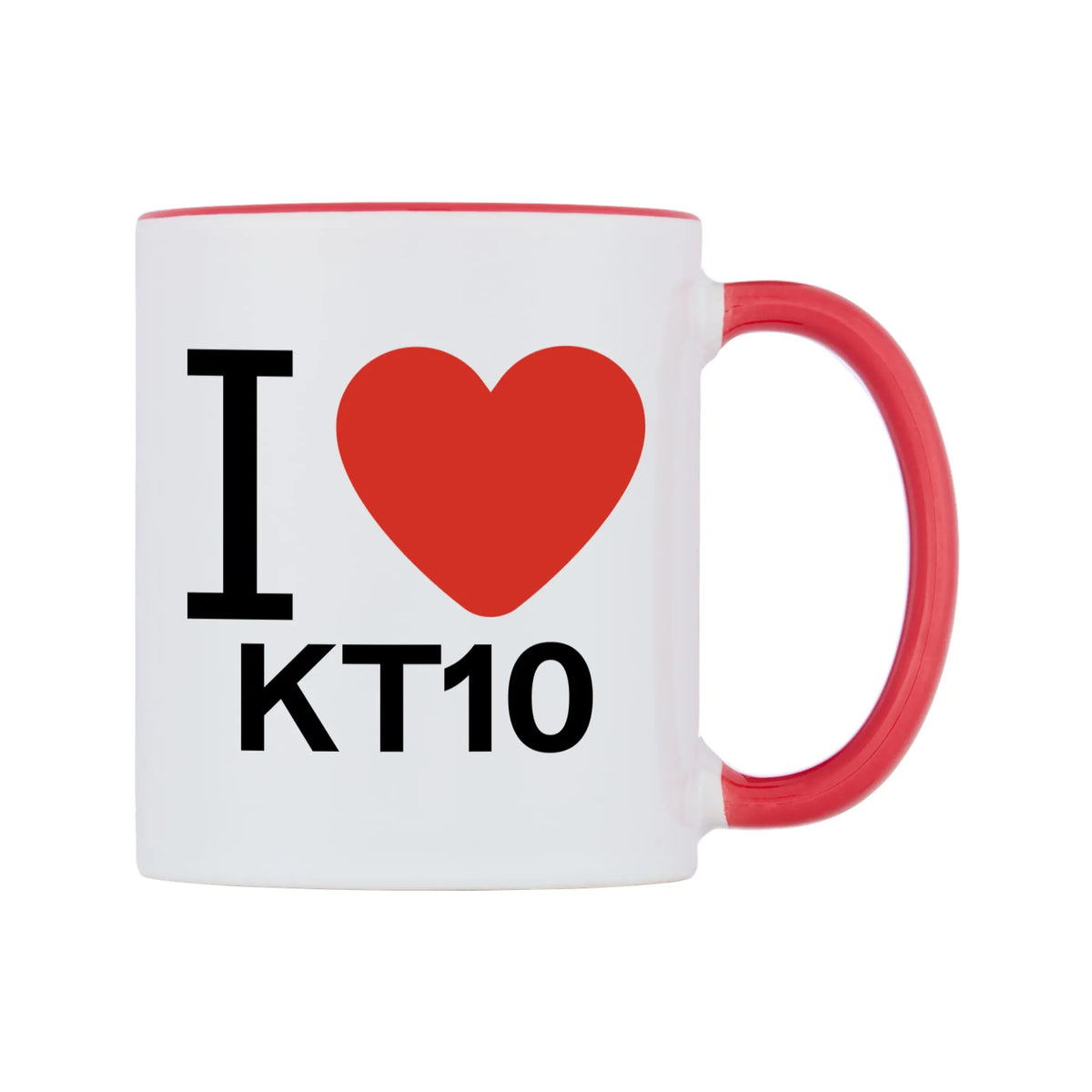 I Love KT10 Mug — white 11oz gloss mug with a red inside and handle, left side, on a white background