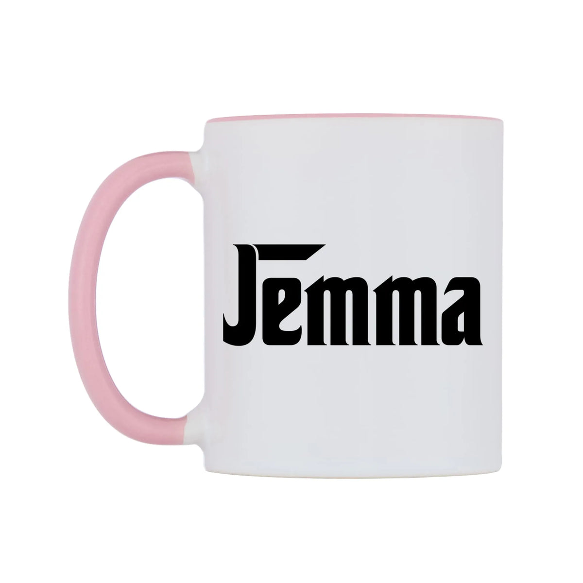 Jemma - Godfather Themed Mug — white 11oz gloss mug with a pink inside and handle, right side, on a white background