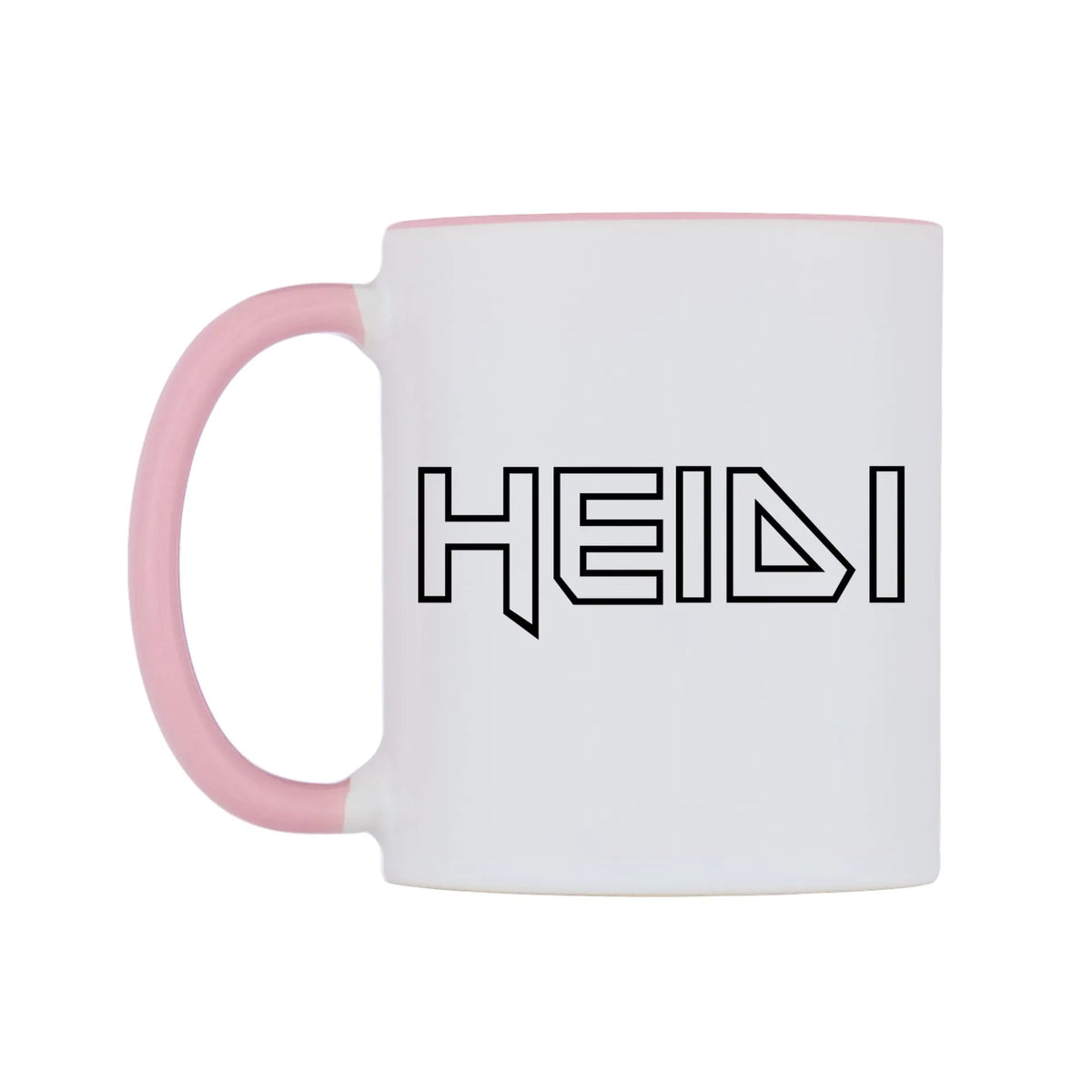 Heidi - Iron Maiden Themed Mug — white 11oz gloss mug with a pink inside and handle, right side, on a white background