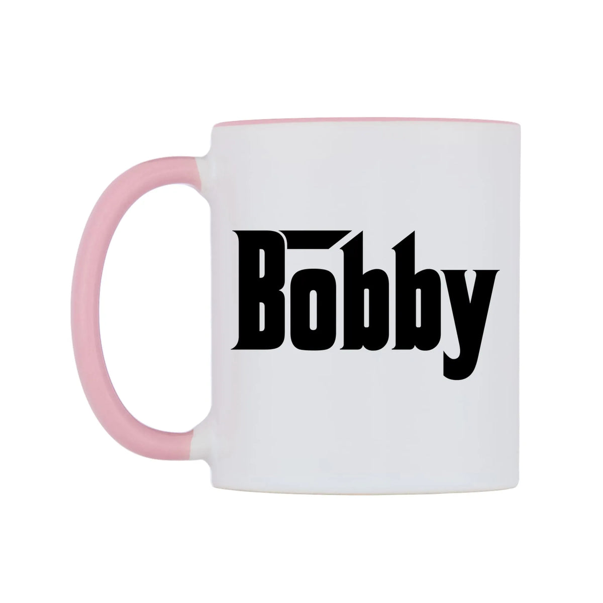 Bobby - Godfather Themed Mug — white 11oz gloss mug with a pink inside and handle, right side, on a white background
