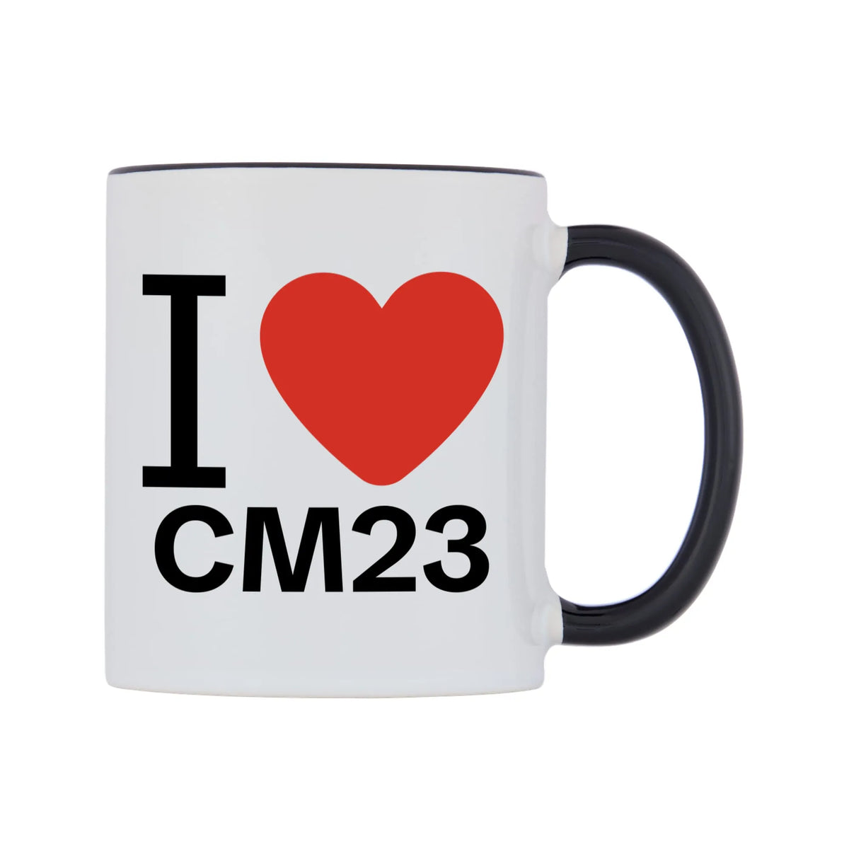 I Love CM23 Mug — white 11oz gloss mug with a black inside and handle, left side, on a white background