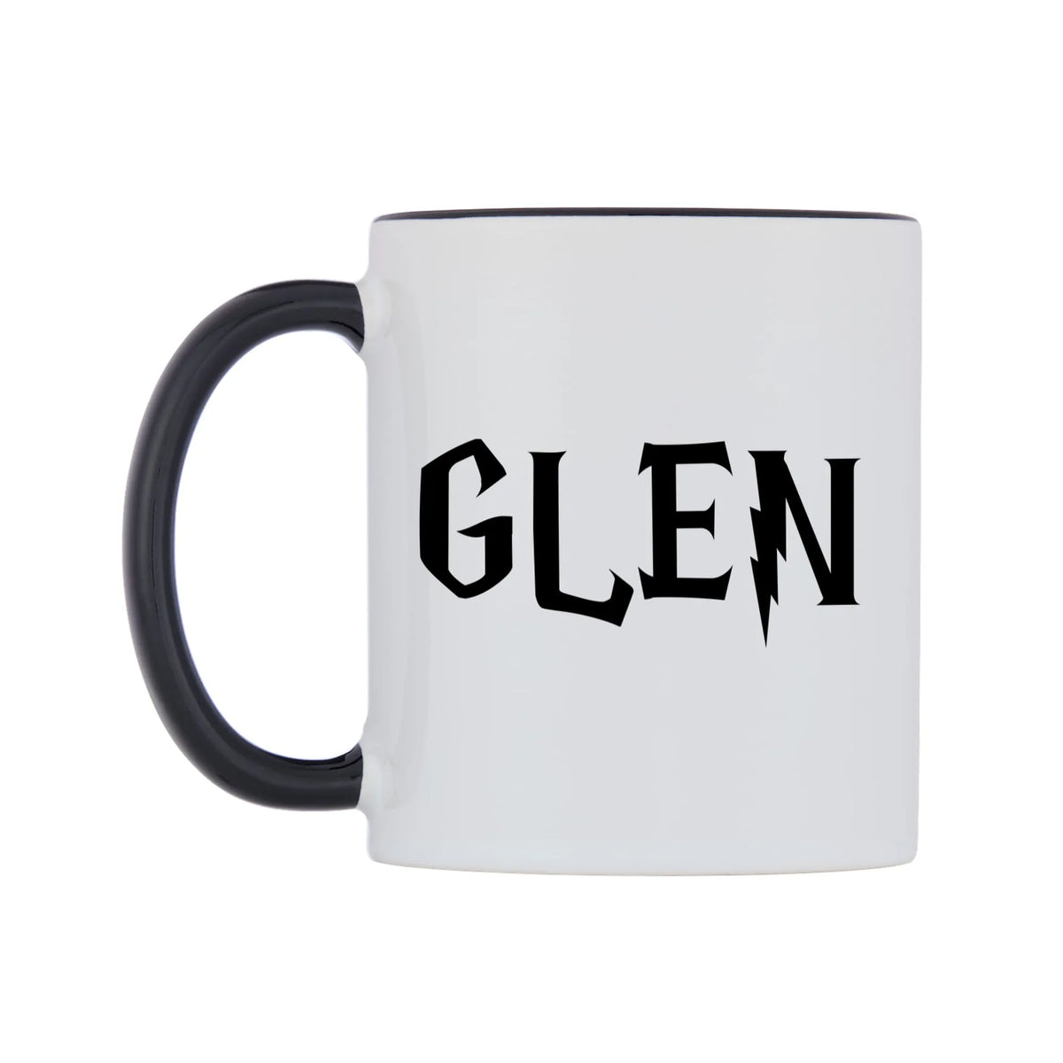 Glen - Wizard Themed Mug — white 11oz gloss mug with a black inside and handle, right side, on a white background