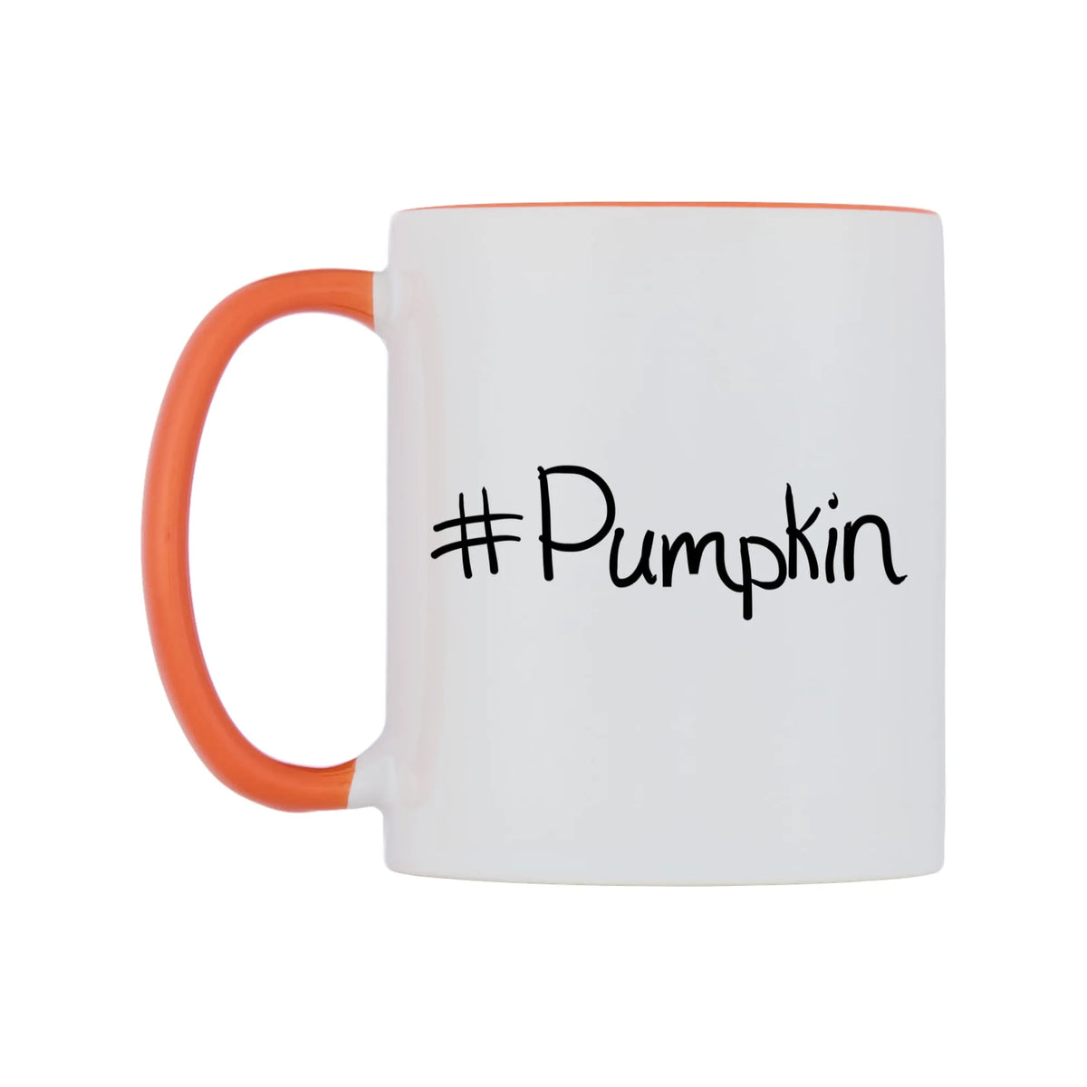 Pumpkin Mug — white 11oz gloss mug with a orange inside and handle, right side, on a white background