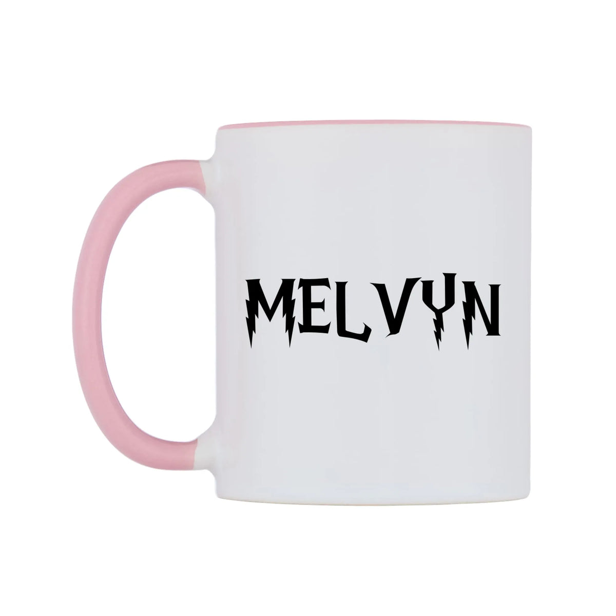 Melvyn - Wizard Themed Mug — white 11oz gloss mug with a pink inside and handle, right side, on a white background