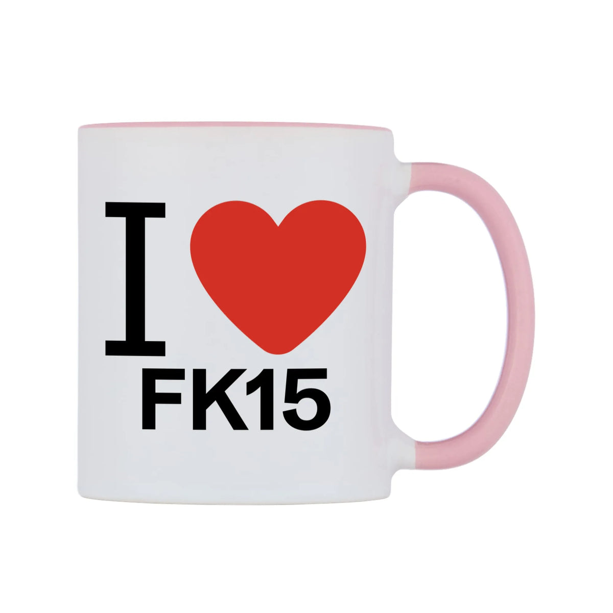 I Love FK15 Mug — white 11oz gloss mug with a pink inside and handle, left side, on a white background