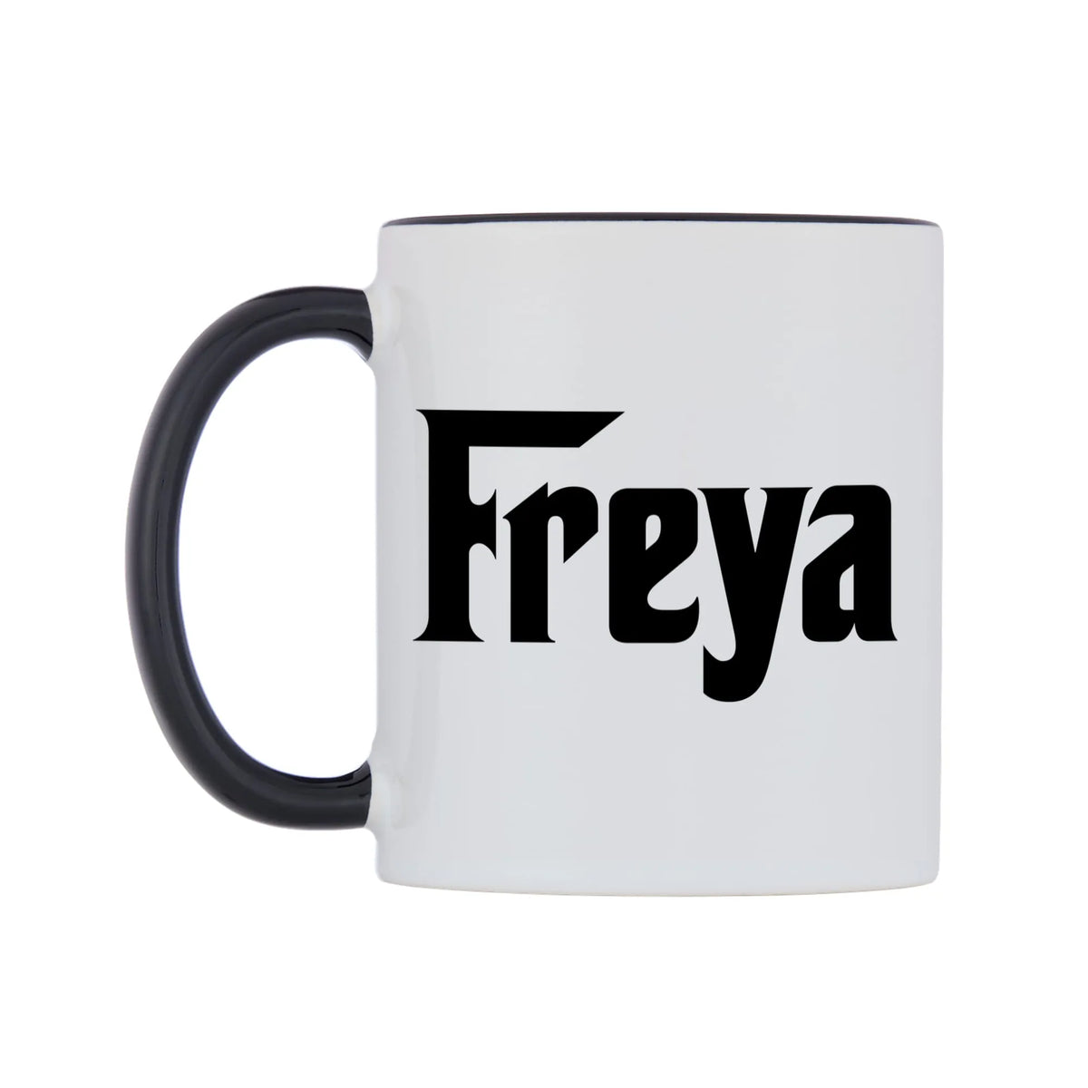 Freya - Godfather Themed Mug — white 11oz gloss mug with a black inside and handle, right side, on a white background