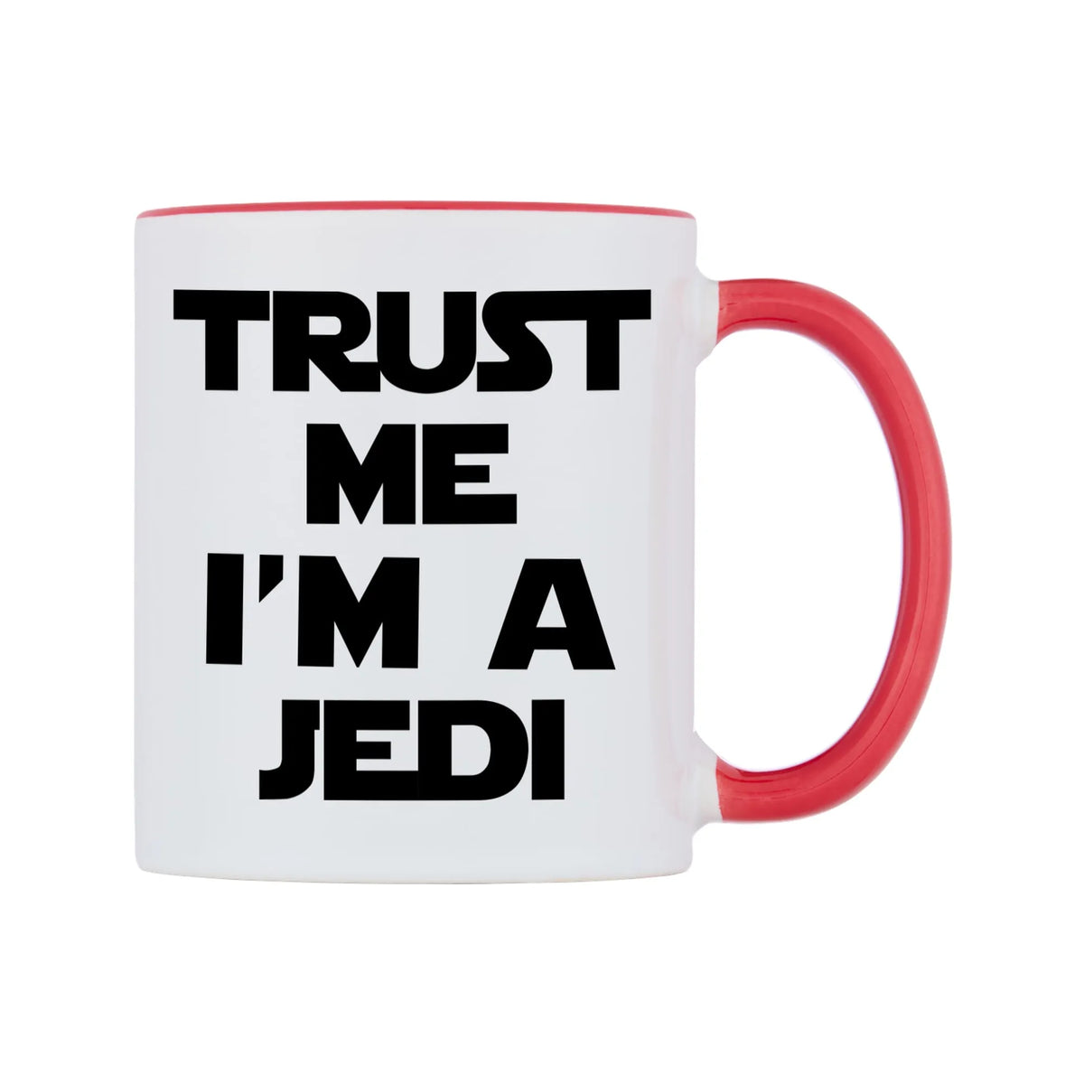 Trust me I'm a Jedi Mug — white 11oz gloss mug with a red inside and handle, left side, on a white background