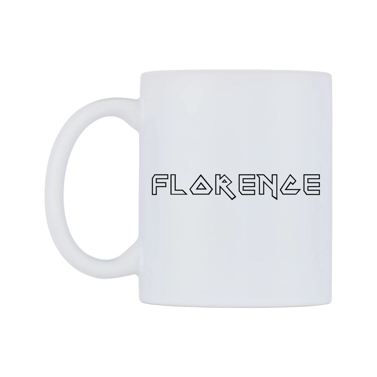 Florence - Iron Maiden Themed Mug — white 11oz gloss mug, right side, on a white background