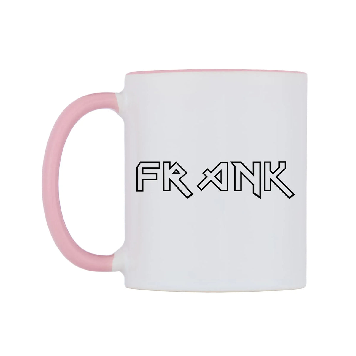 Frank - Iron Maiden Themed Mug — white 11oz gloss mug with a pink inside and handle, right side, on a white background