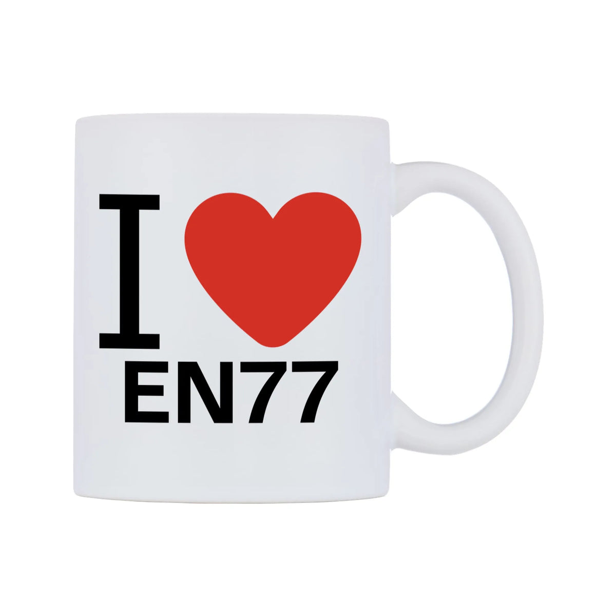 I Love EN77 Mug — white 11oz gloss mug, left side, on a white background