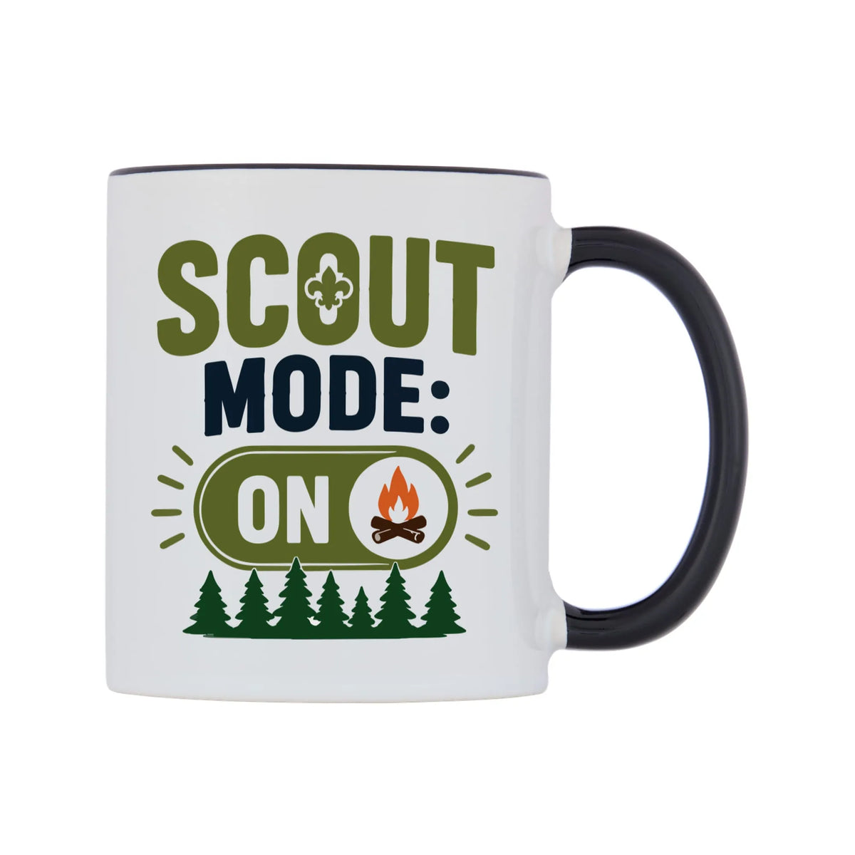 Scout Mode: ON Mug — white 11oz gloss mug with a black inside and handle, left side, on a white background