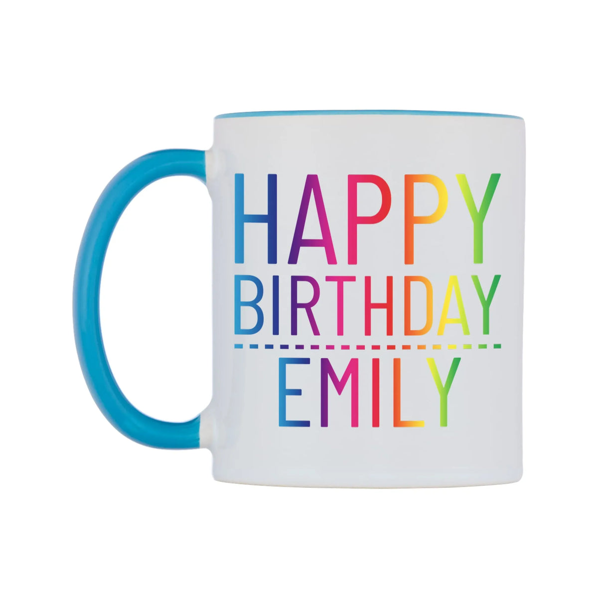 Personalised Happy Birthday (Rainbow) Mug — white 11oz gloss mug with a light blue inside and handle, right side, on a white background