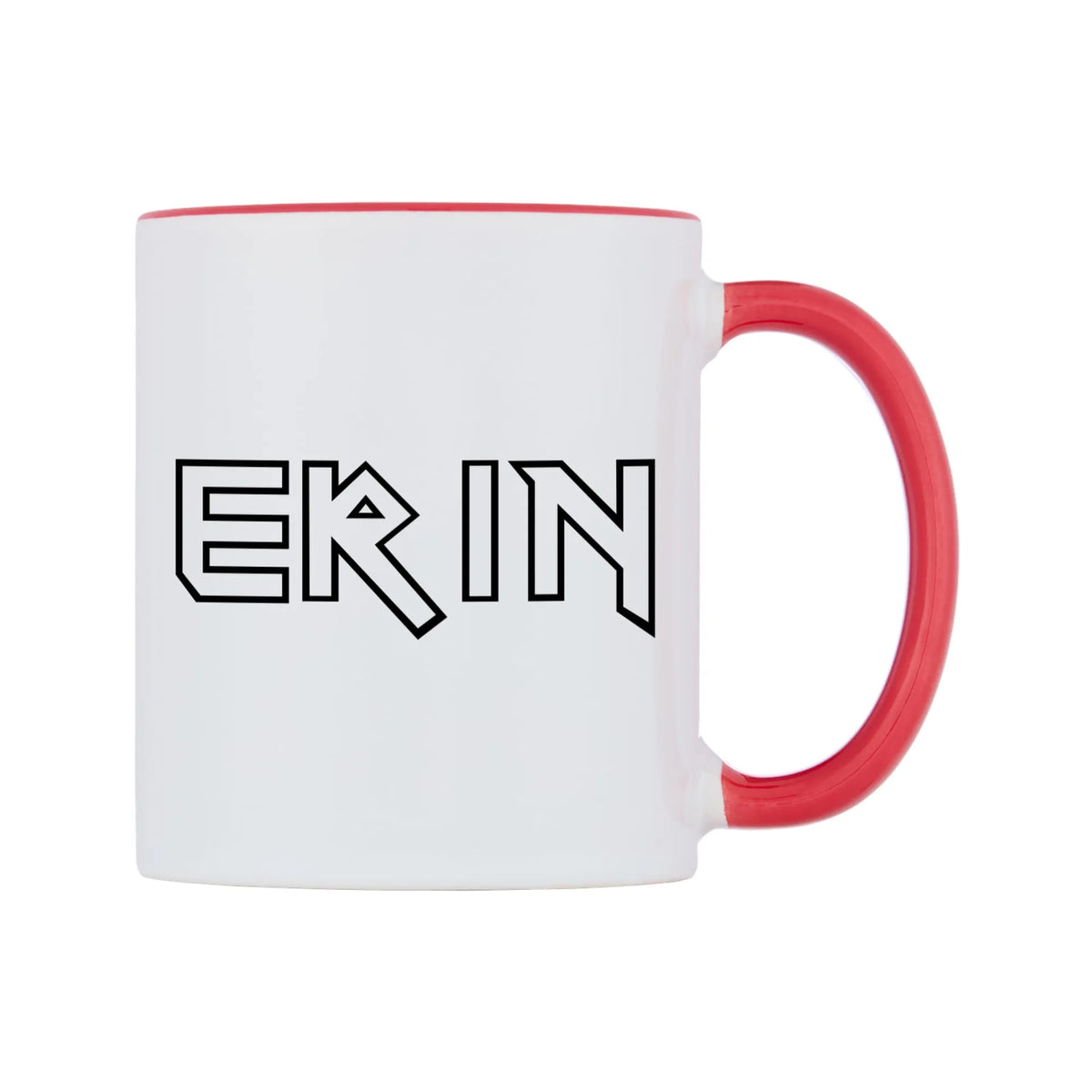 Erin - Iron Maiden Themed Mug — white 11oz gloss mug with a red inside and handle, left side, on a white background
