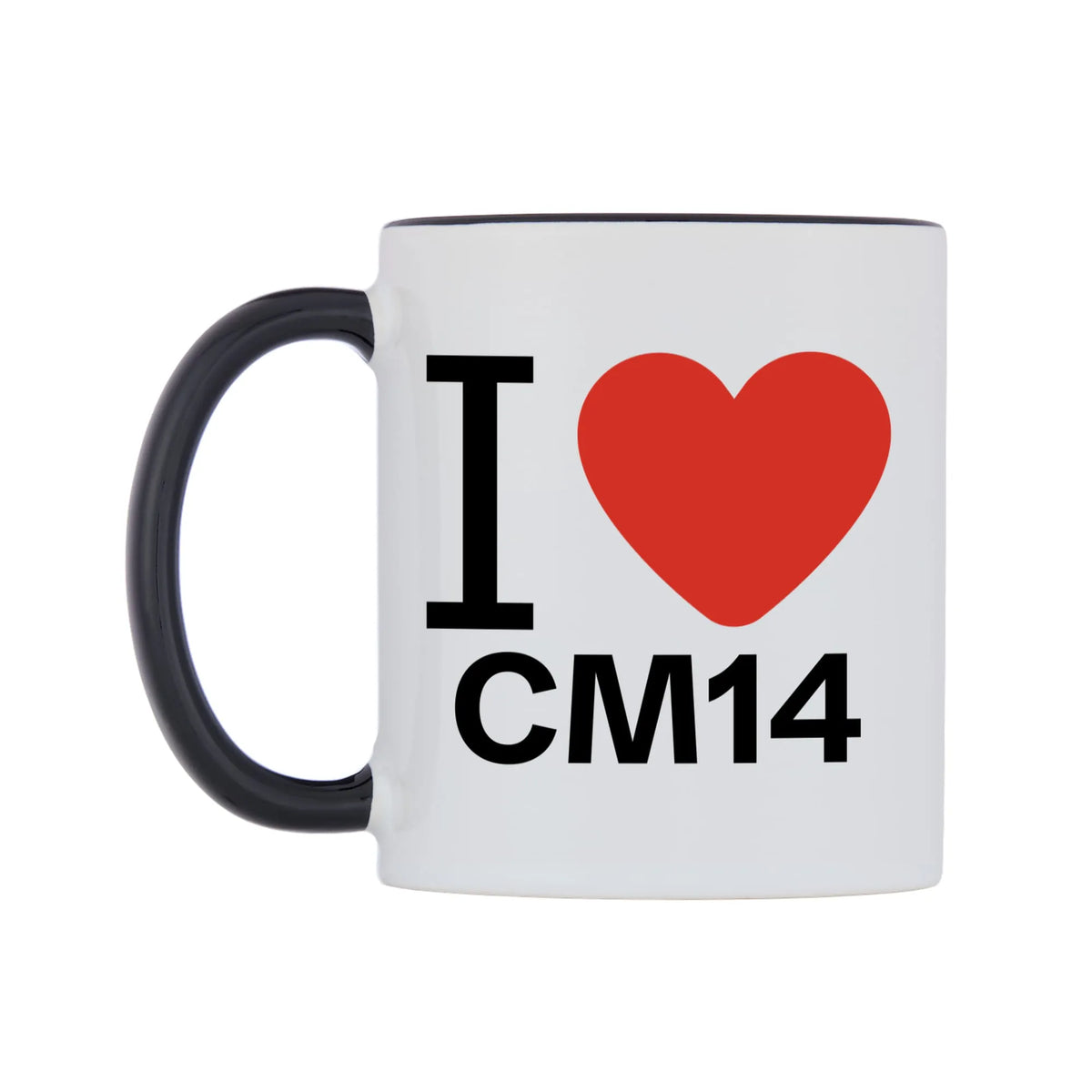 I Love CM14 Mug — white 11oz gloss mug with a black inside and handle, right side, on a white background