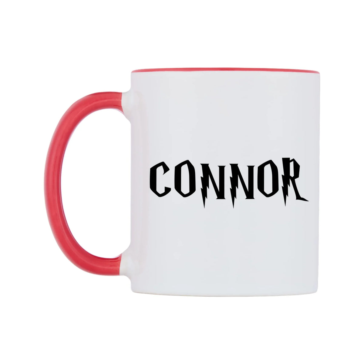 Connor - Wizard Themed Mug — white 11oz gloss mug with a red inside and handle, right side, on a white background