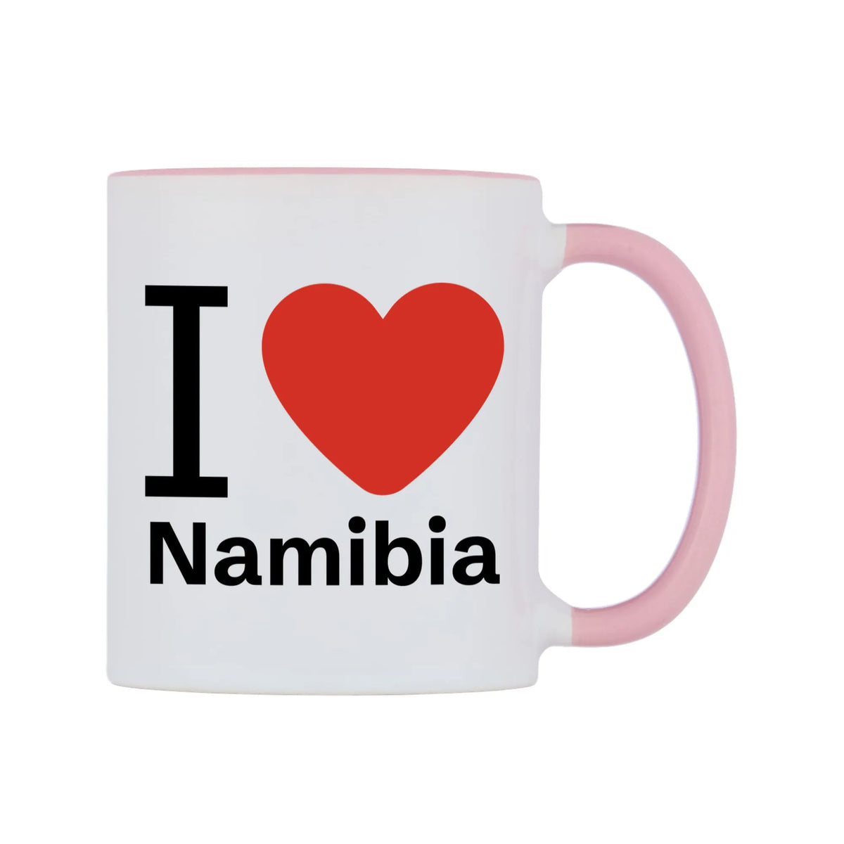 I Love Namibia Mug — white 11oz gloss mug with a pink inside and handle, left side, on a white background