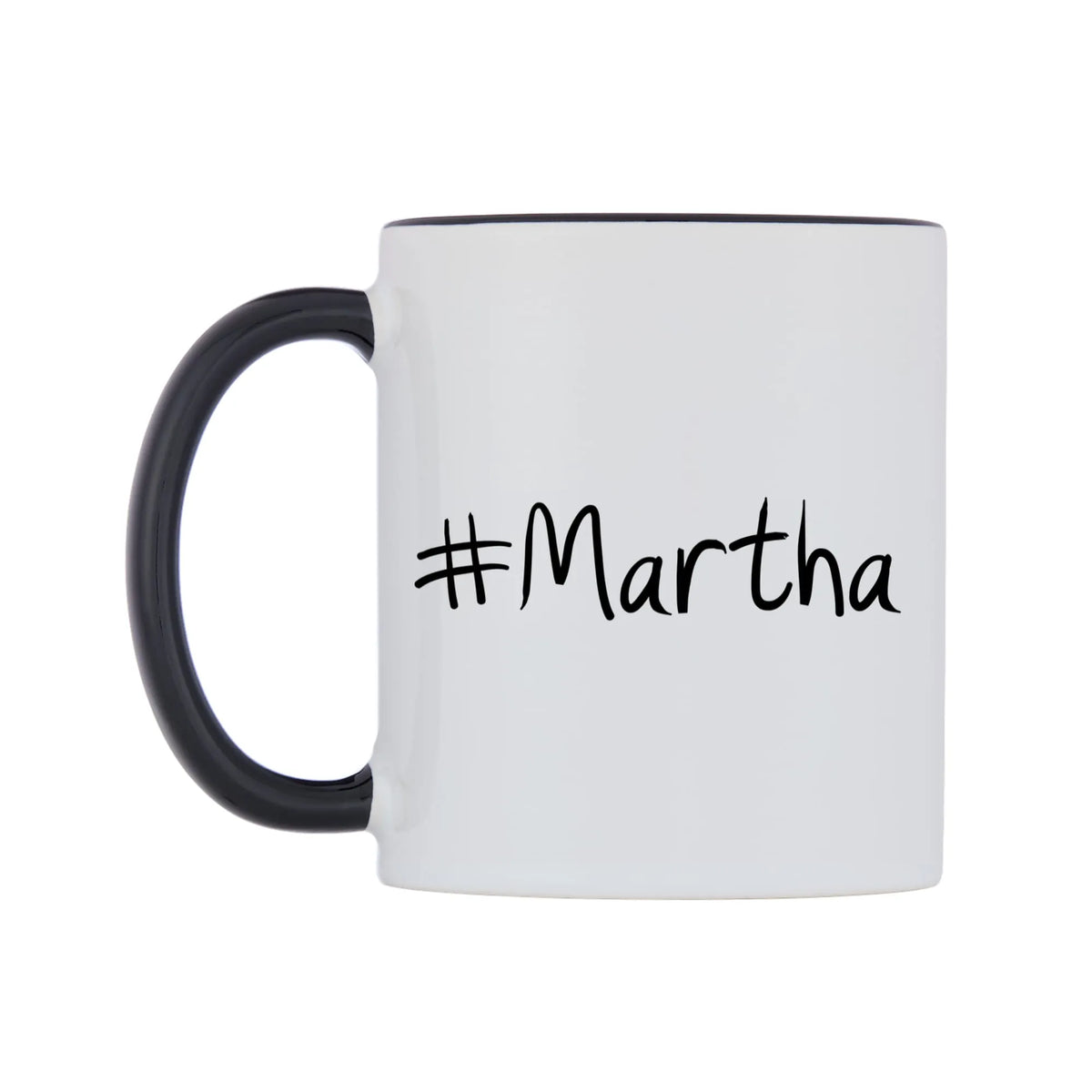 Martha Mug — white 11oz gloss mug with a black inside and handle, right side, on a white background