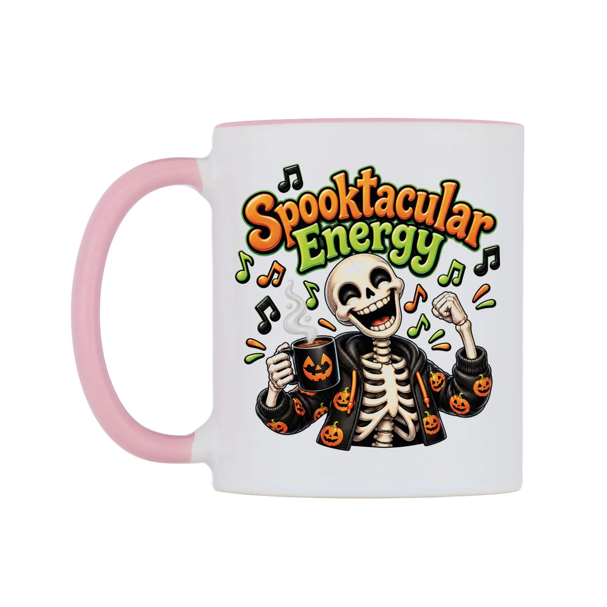 Spooktacular Energy Mug — white 11oz gloss mug with a pink inside and handle, right side, on a white background