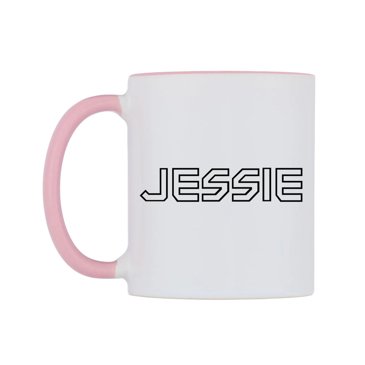 Jessie - Iron Maiden Themed Mug — white 11oz gloss mug with a pink inside and handle, right side, on a white background