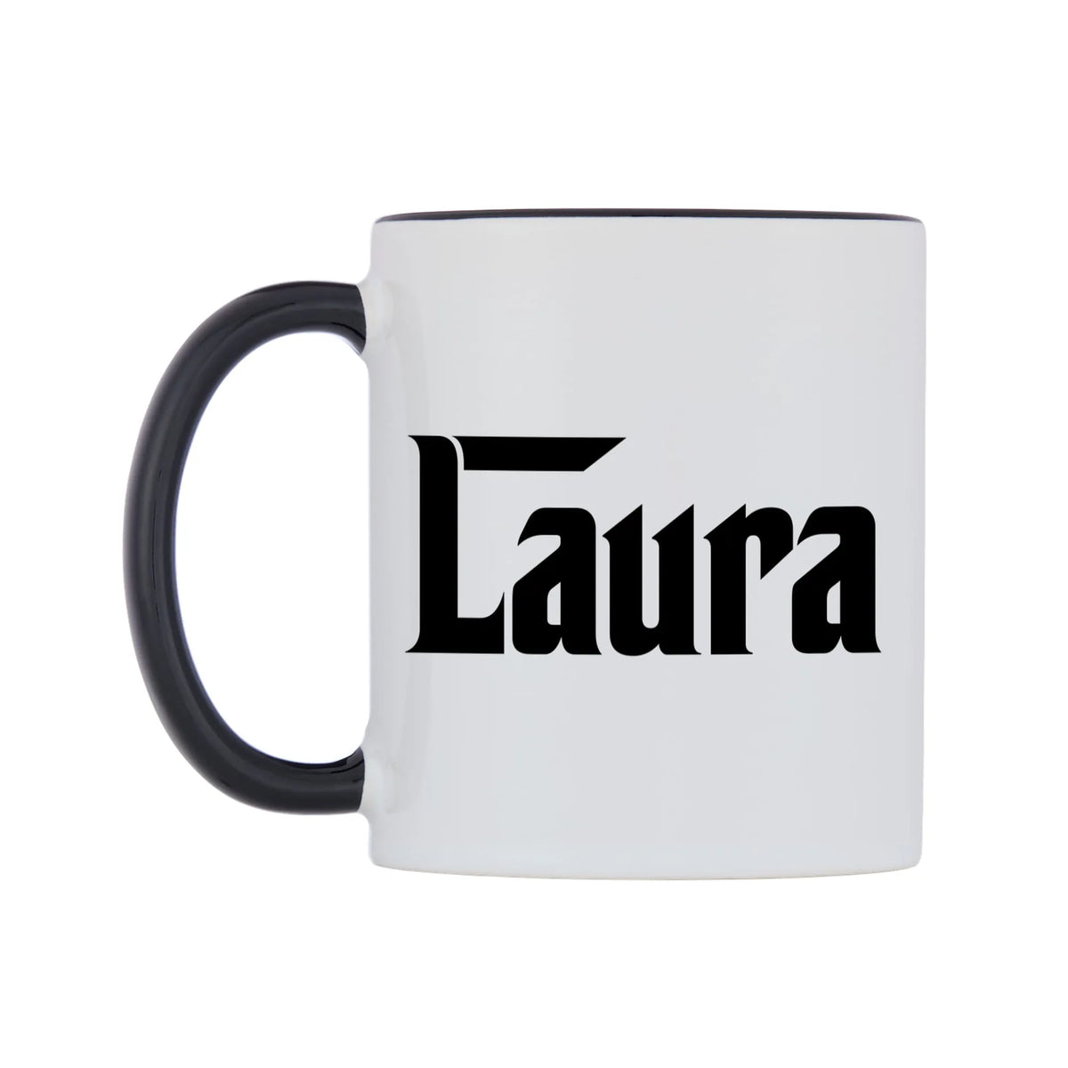 Laura - Godfather Themed Mug — white 11oz gloss mug with a black inside and handle, right side, on a white background