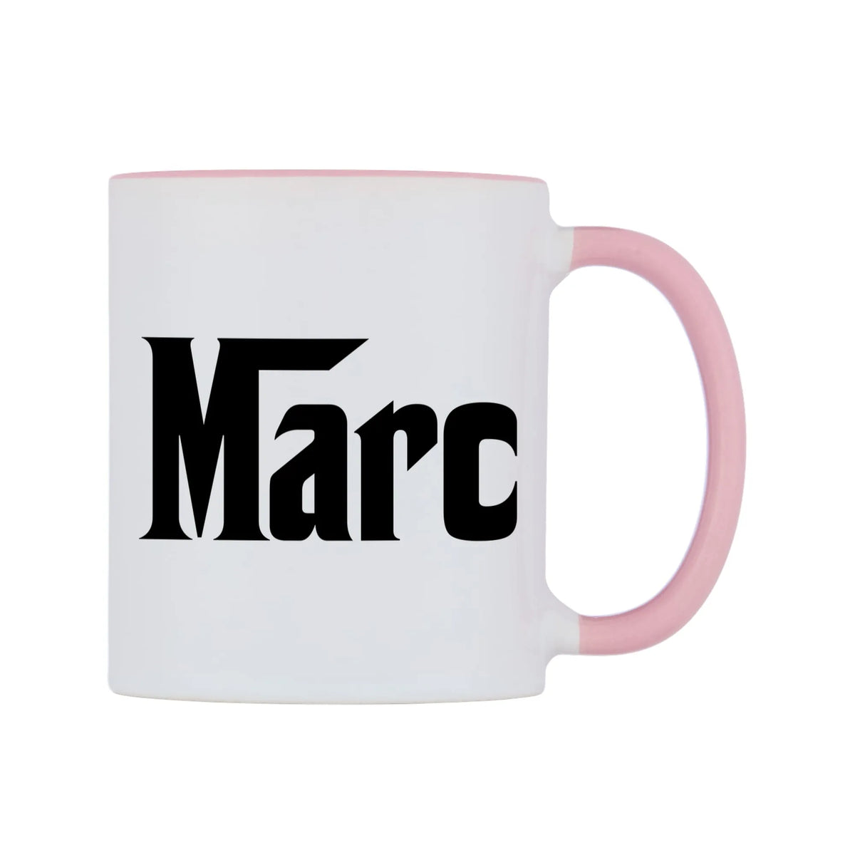 Marc - Godfather Themed Mug — white 11oz gloss mug with a pink inside and handle, left side, on a white background