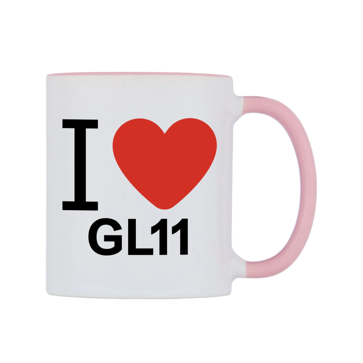 I Love GL11 Mug — white 11oz gloss mug with a pink inside and handle, left side, on a white background