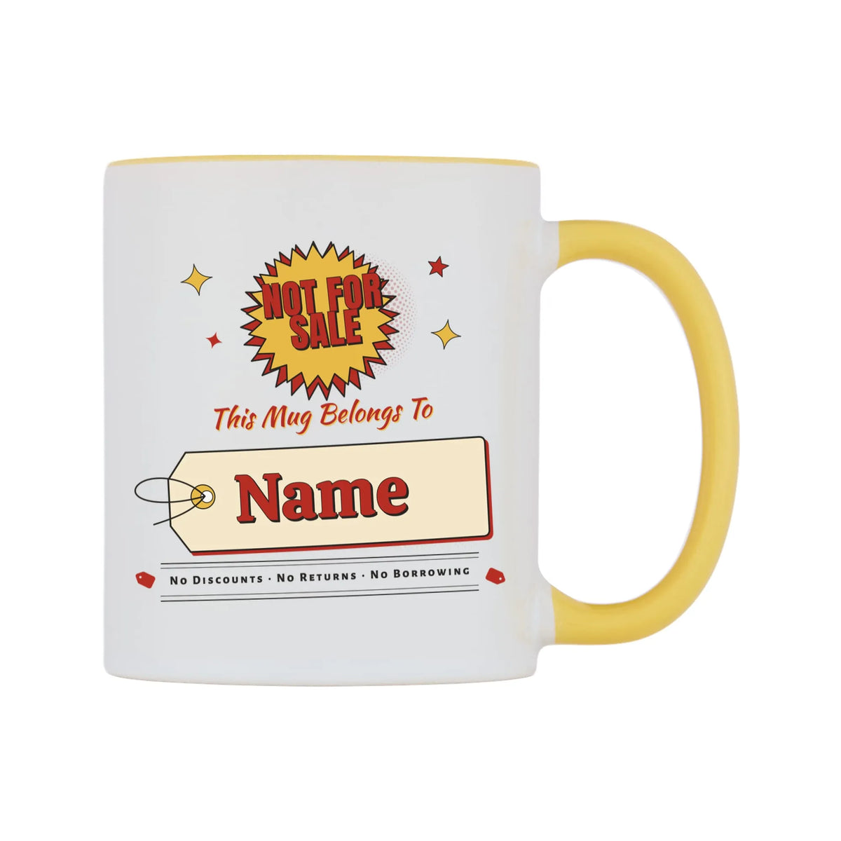 Not For Sale Swing Tag Mug — white 11oz gloss mug with a yellow inside and handle, on a white background