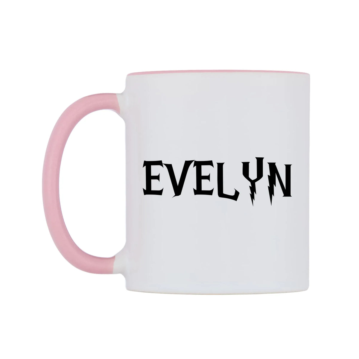 Evelyn - Wizard Themed Mug — white 11oz gloss mug with a pink inside and handle, right side, on a white background