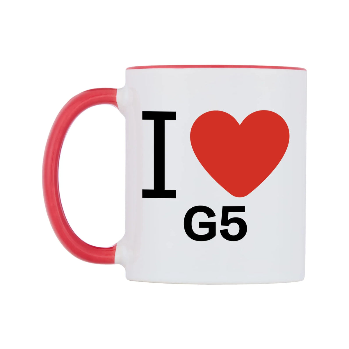 I Love G5 Mug — white 11oz gloss mug with a red inside and handle, right side, on a white background
