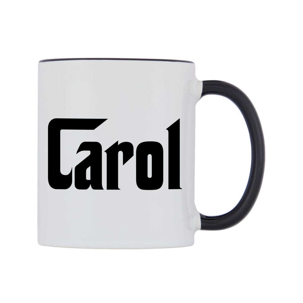Carol - Godfather Themed Mug — white 11oz gloss mug with a black inside and handle, left side, on a white background