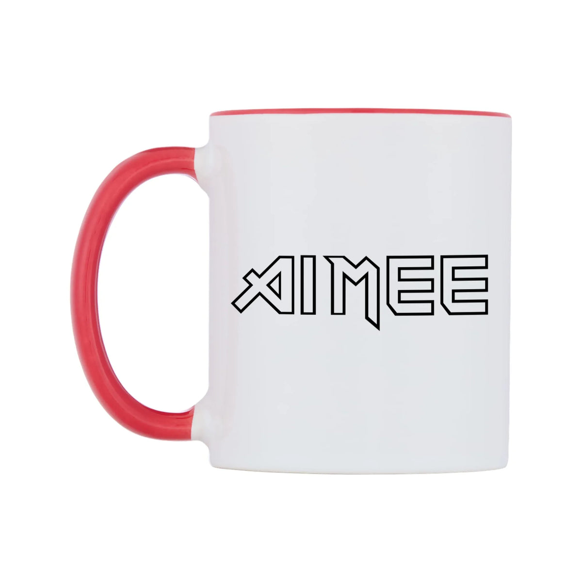 Aimee - Iron Maiden Themed Mug — white 11oz gloss mug with a red inside and handle, right side, on a white background