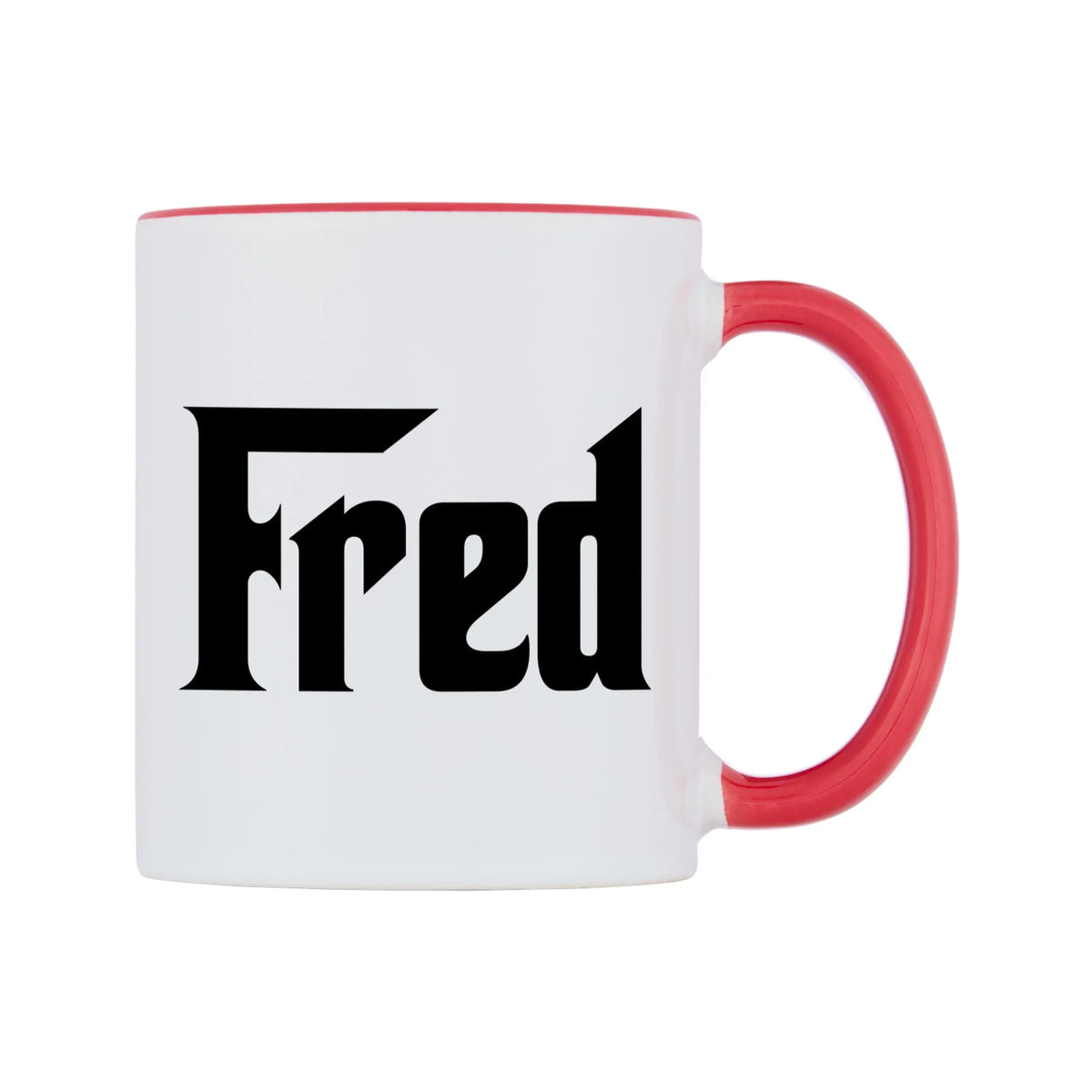 Fred - Godfather Themed Mug — white 11oz gloss mug with a red inside and handle, left side, on a white background