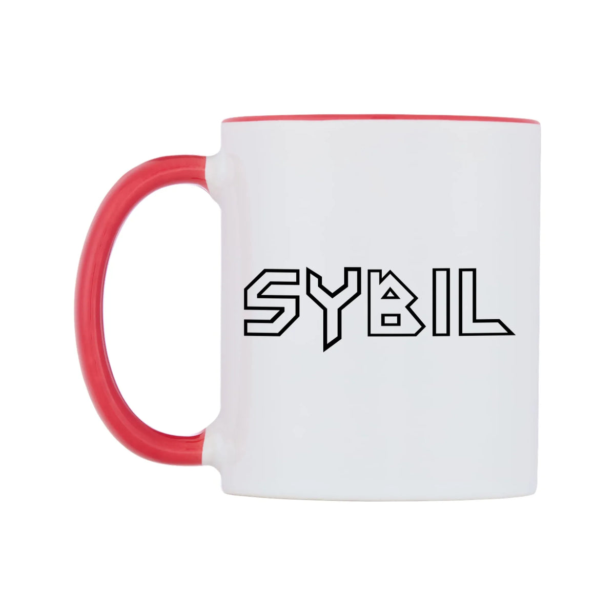 Sybil - Iron Maiden Themed Mug — white 11oz gloss mug with a red inside and handle, right side, on a white background