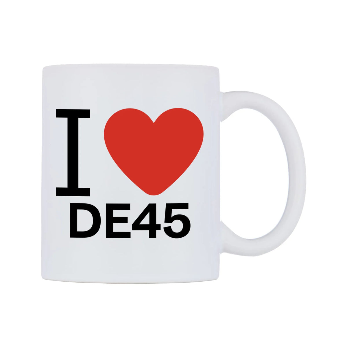 I Love DE45 Mug — white 11oz gloss mug, left side, on a white background