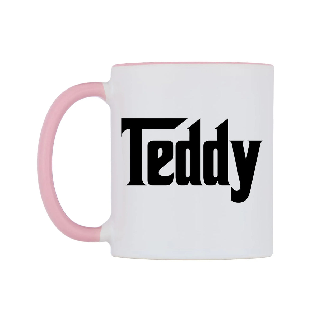 Teddy - Godfather Themed Mug — white 11oz gloss mug with a pink inside and handle, right side, on a white background