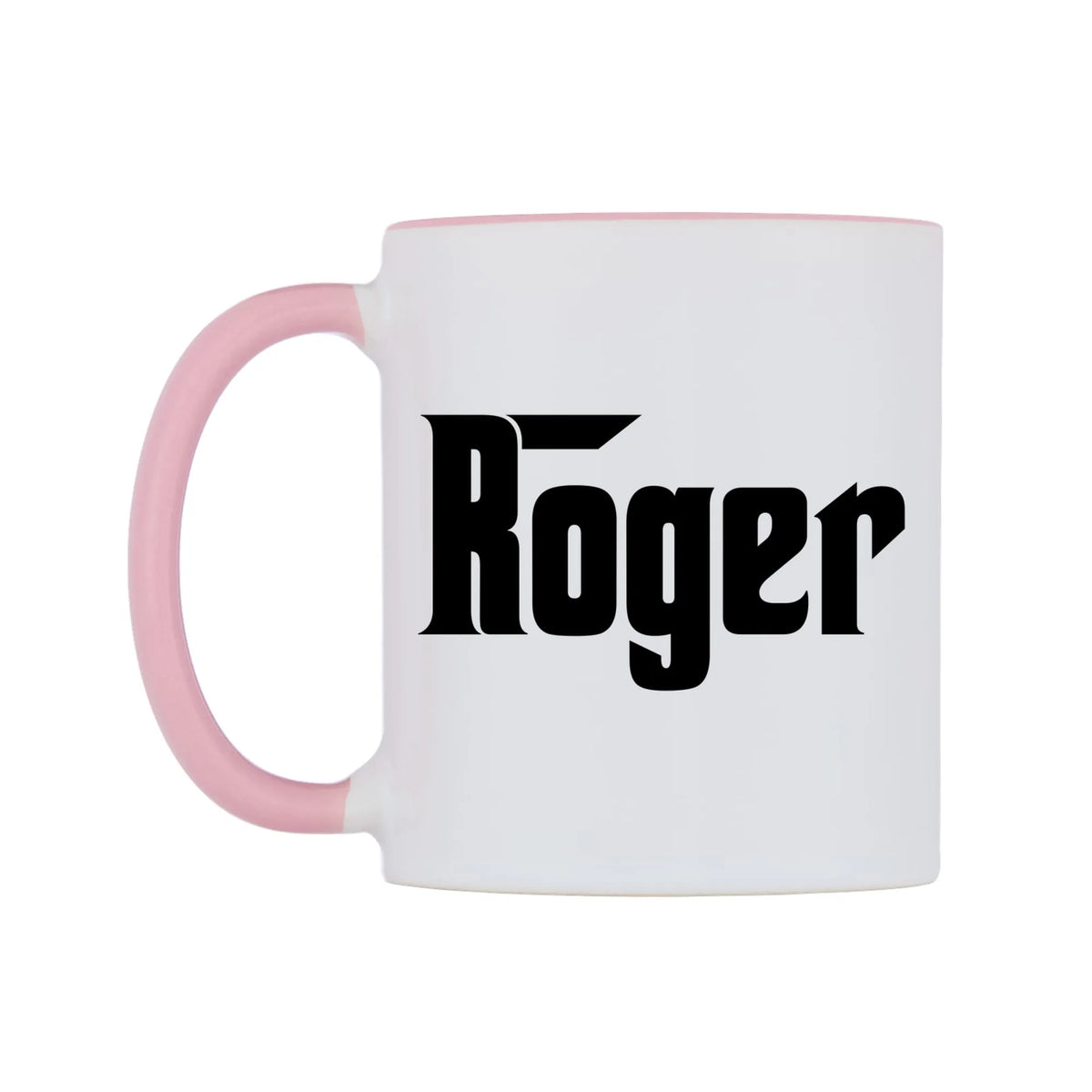 Roger - Godfather Themed Mug — white 11oz gloss mug with a pink inside and handle, right side, on a white background