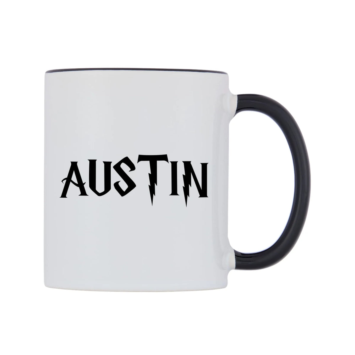 Austin - Wizard Themed Mug — white 11oz gloss mug with a black inside and handle, left side, on a white background
