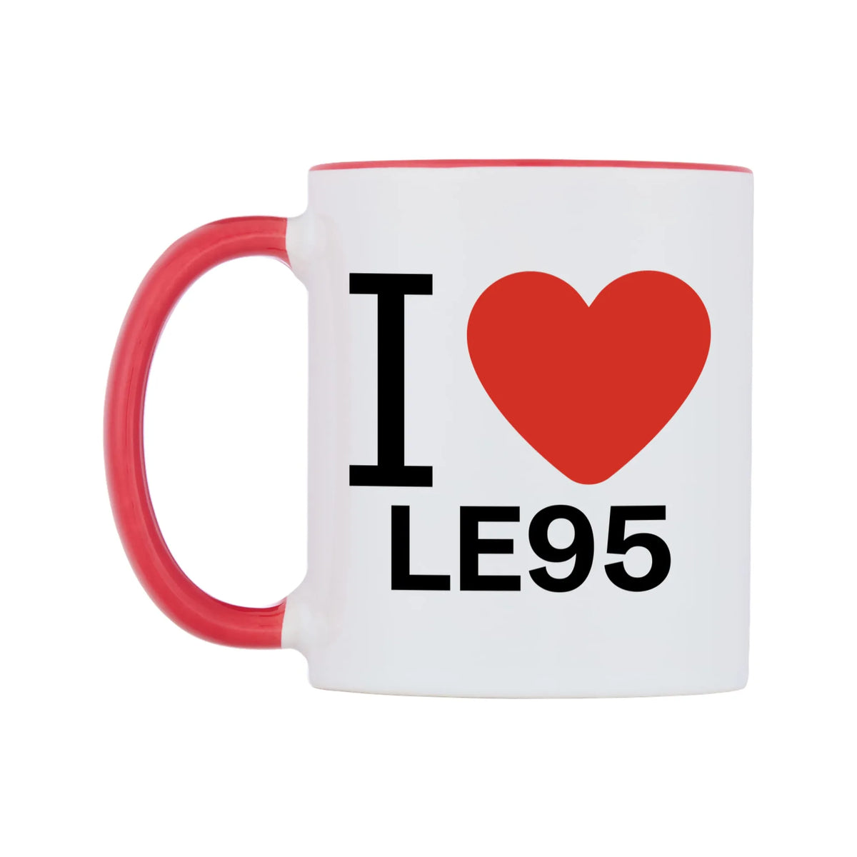 I Love LE95 Mug — white 11oz gloss mug with a red inside and handle, right side, on a white background