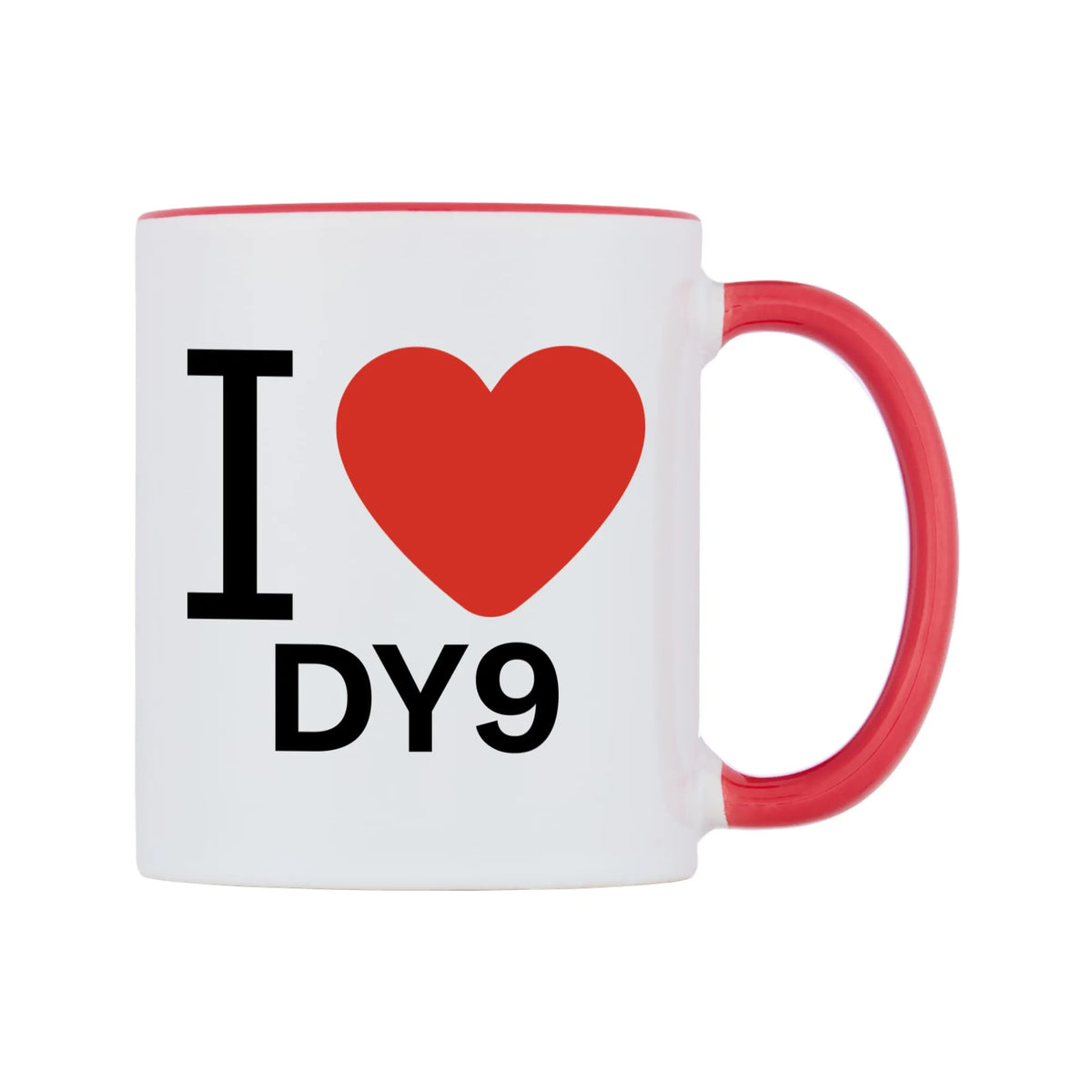 I Love DY9 Mug — white 11oz gloss mug with a red inside and handle, left side, on a white background