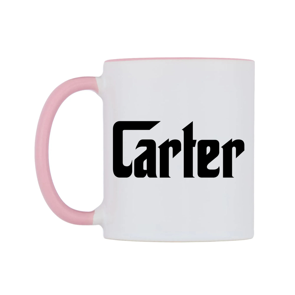 Carter - Godfather Themed Mug — white 11oz gloss mug with a pink inside and handle, right side, on a white background