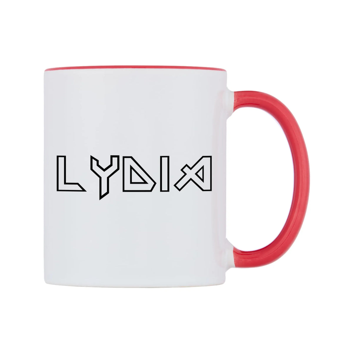 Lydia - Iron Maiden Themed Mug — white 11oz gloss mug with a red inside and handle, left side, on a white background