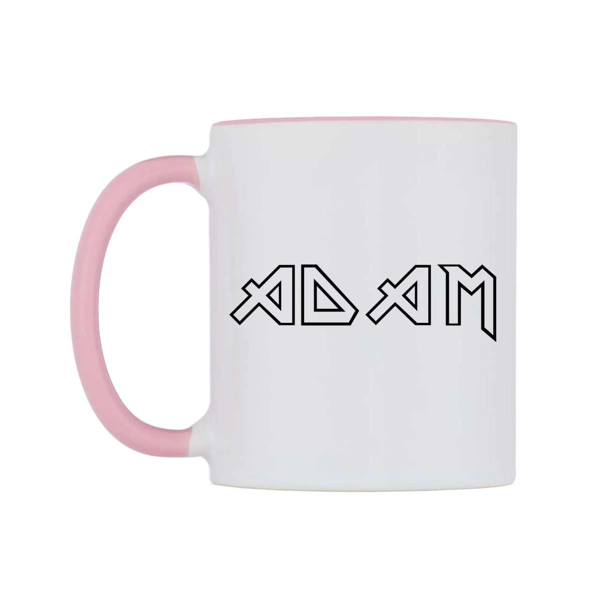 Adam - Iron Maiden Themed Mug — white 11oz gloss mug with a pink inside and handle, right side, on a white background