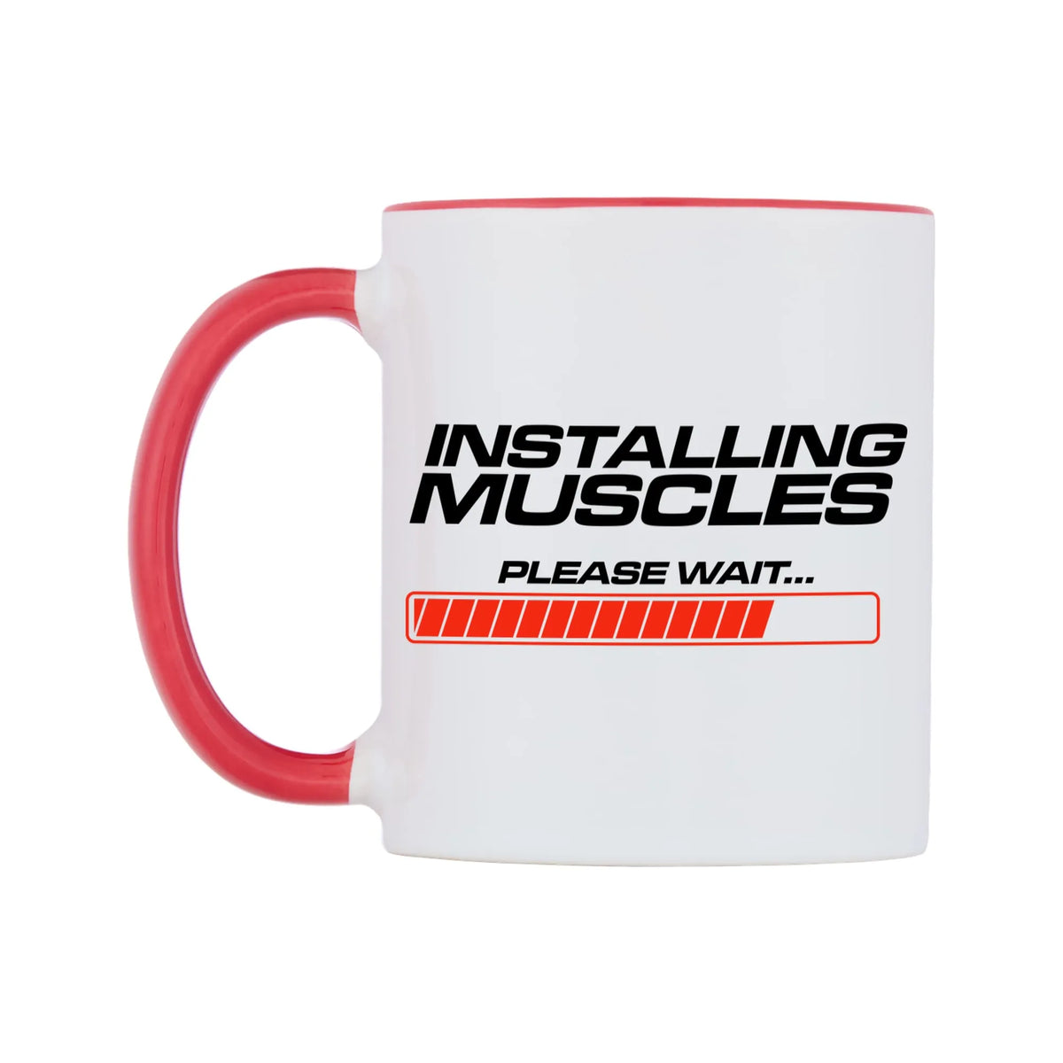 Installing Muscles Please Wait... Mug — white 11oz gloss mug with a red inside and handle, right side, on a white background