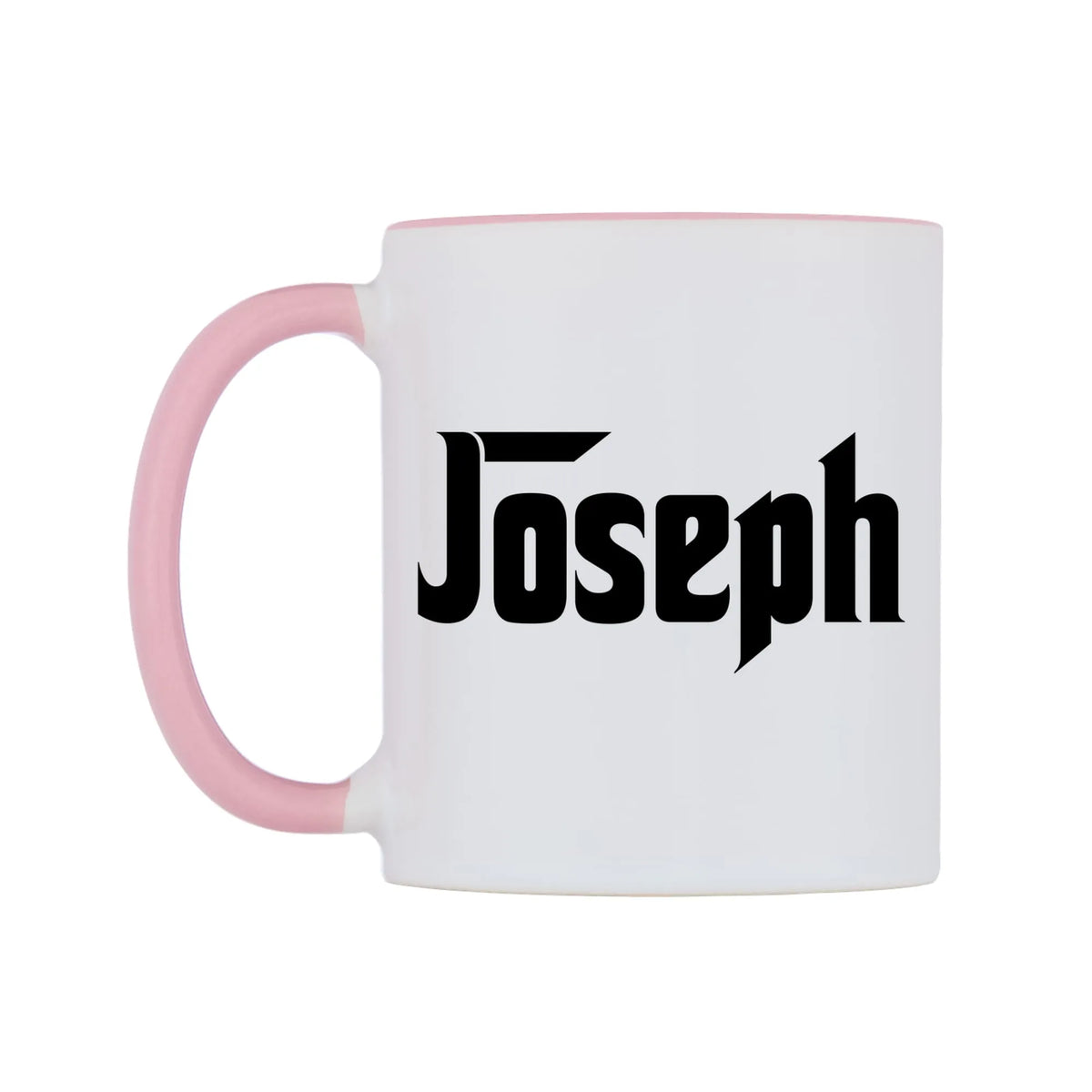 Joseph - Godfather Themed Mug — white 11oz gloss mug with a pink inside and handle, right side, on a white background