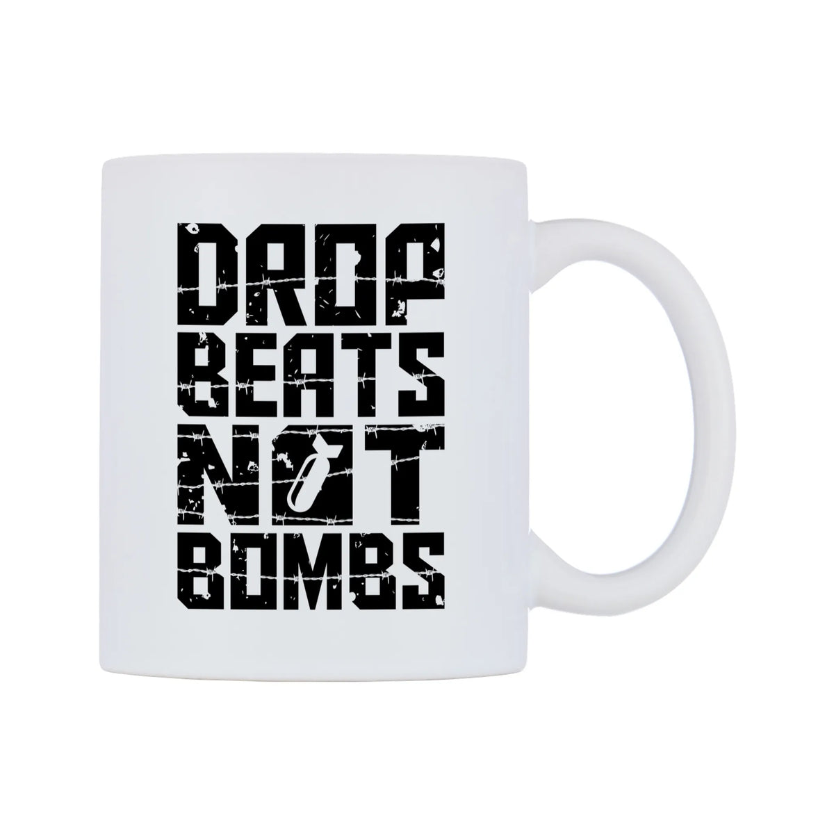 Drop Beats Not Bombs Mug — white 11oz gloss mug, left side, on a white background