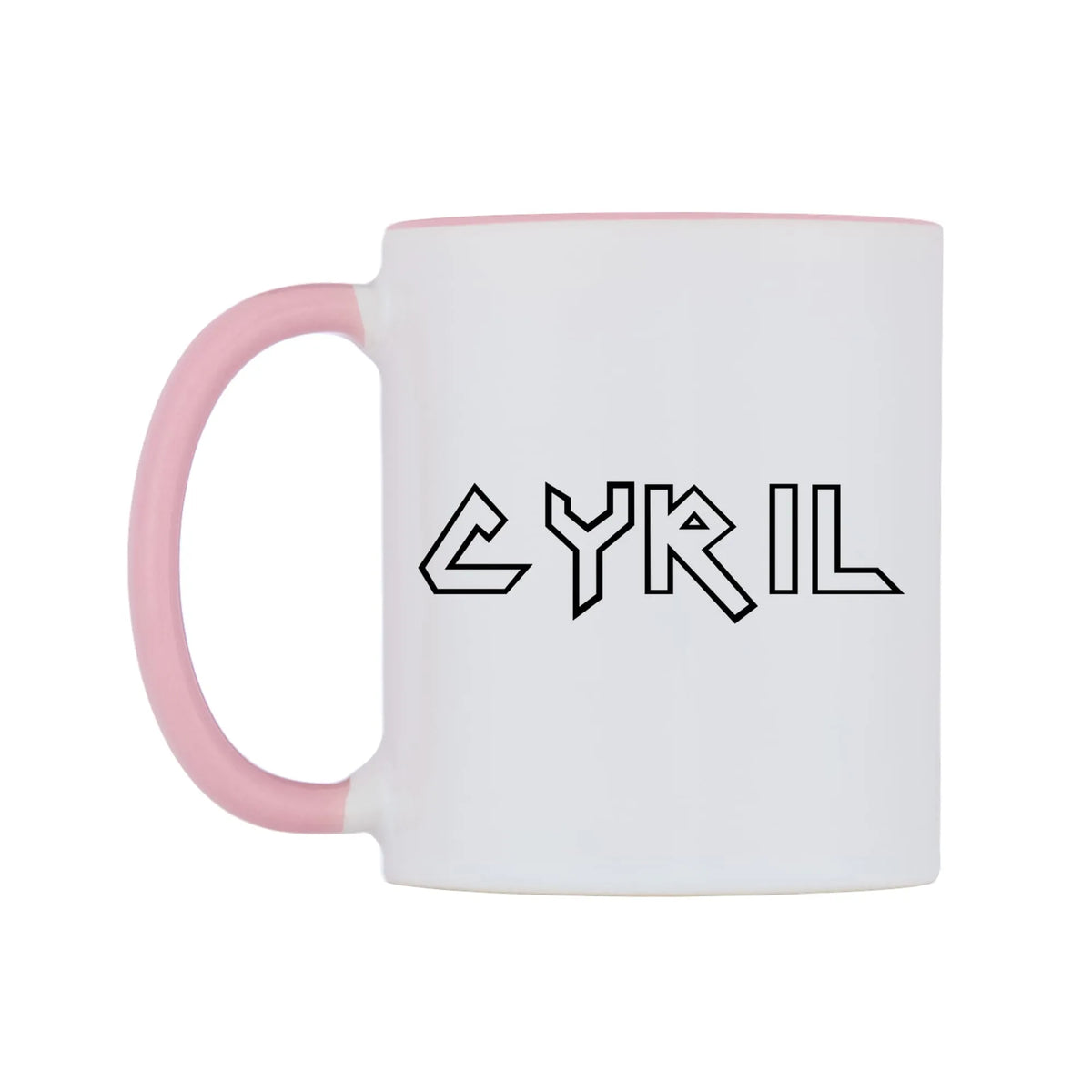 Cyril - Iron Maiden Themed Mug — white 11oz gloss mug with a pink inside and handle, right side, on a white background